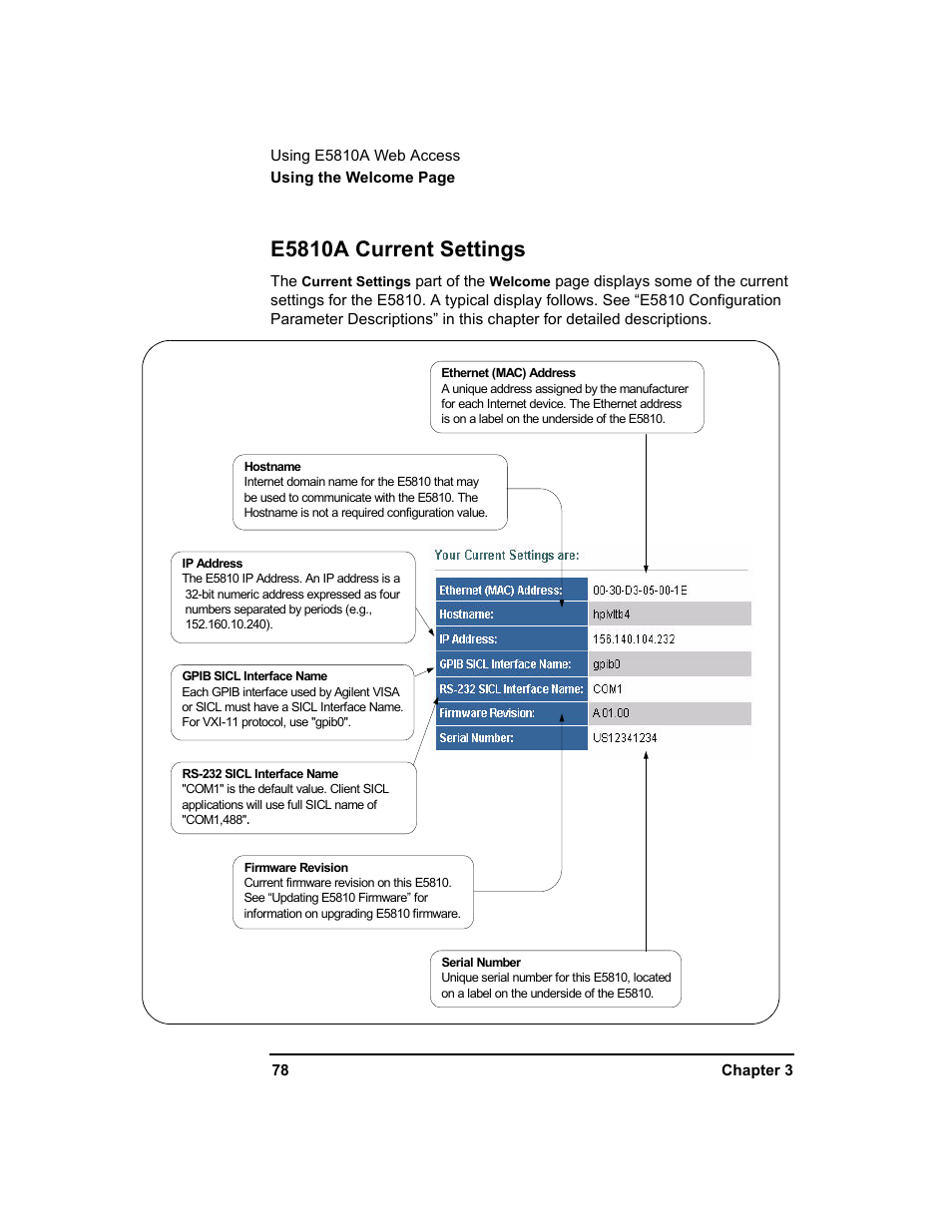 E5810a current settings | Agilent Technologies E5810A User Manual | Page 78 / 159