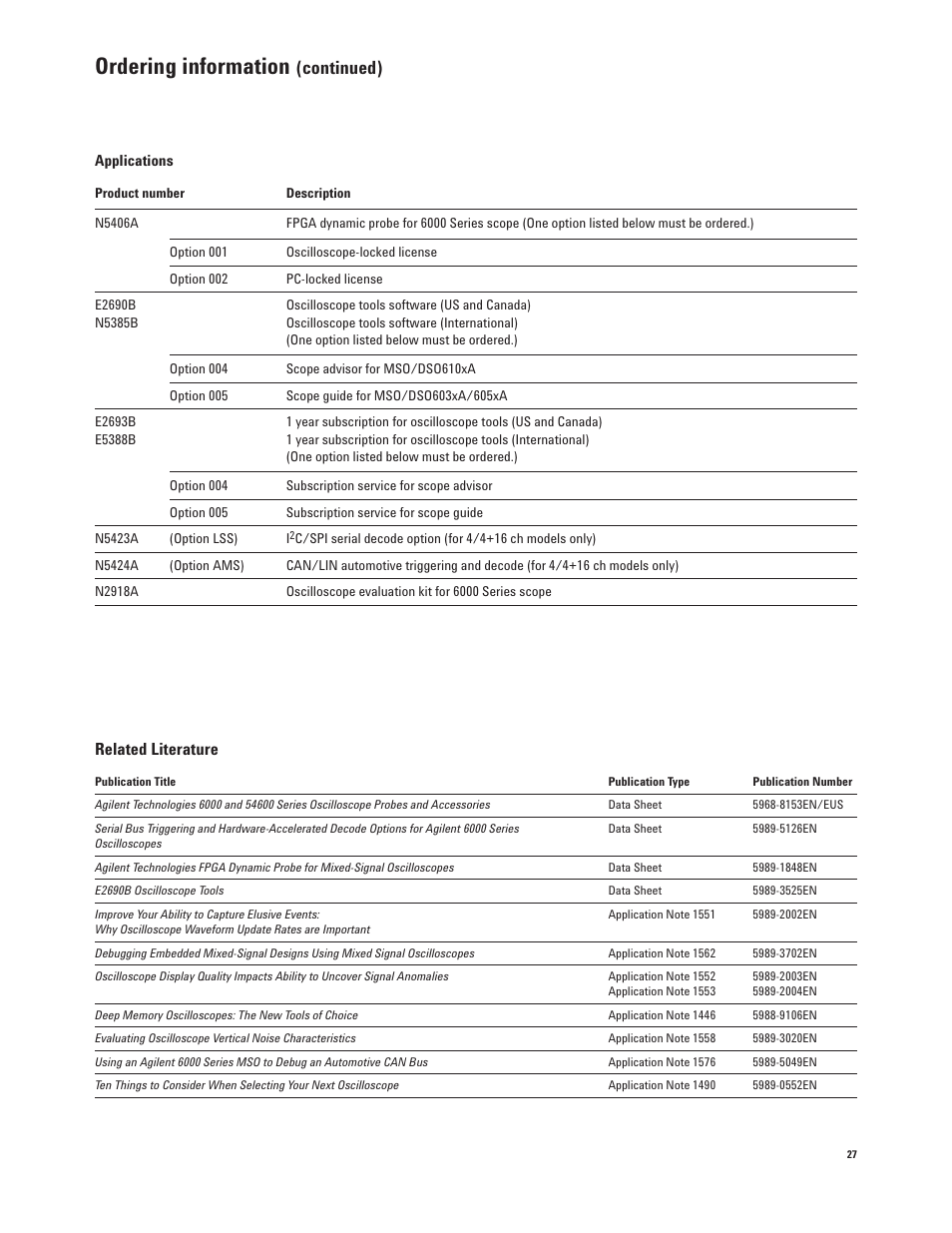Ordering information, Continued), Related literature | Agilent Technologies InfiniiVision 6000 Series User Manual | Page 27 / 28