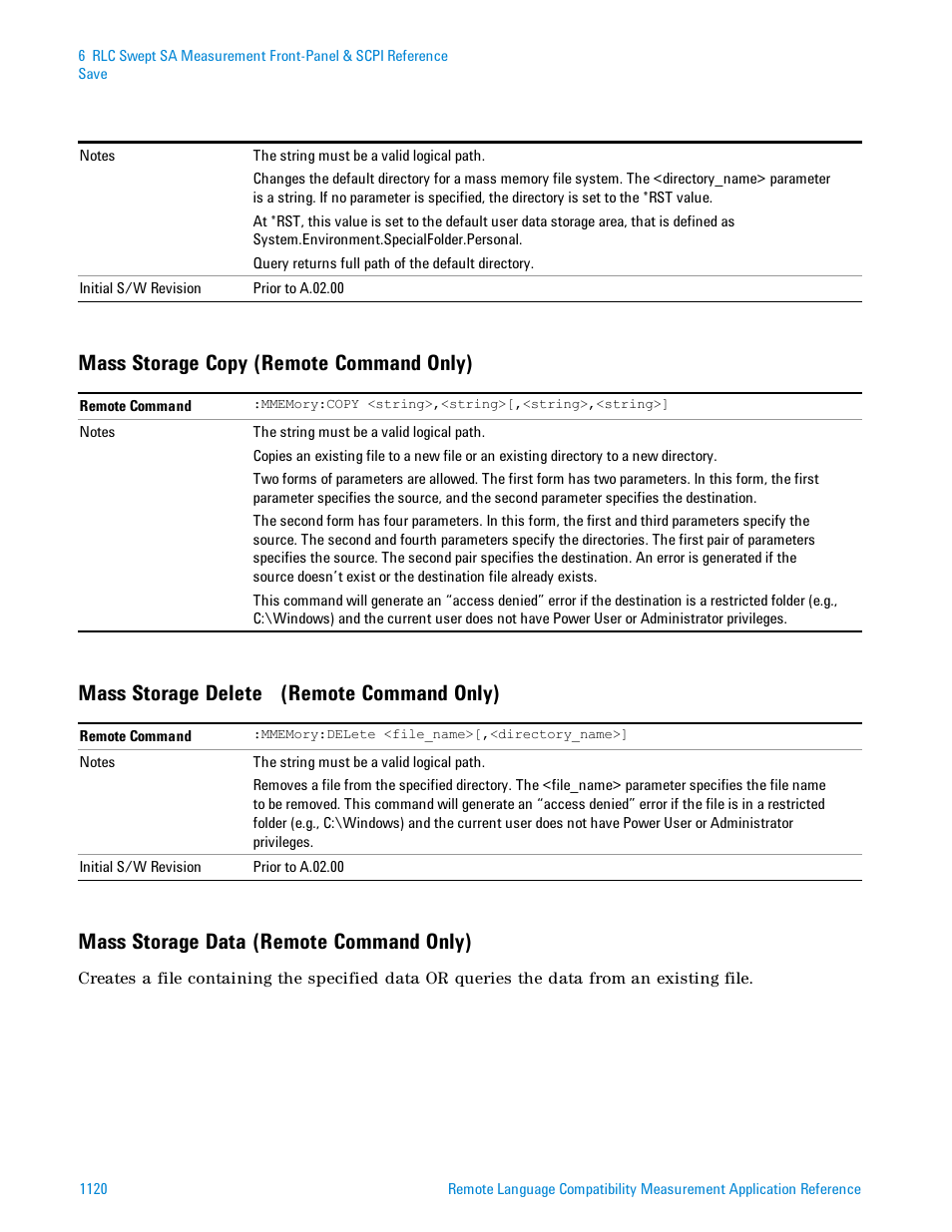 Mass storage copy (remote command only), Mass storage delete (remote command only), Mass storage data (remote command only) | Agilent Technologies Signal Analyzer N9030a User Manual | Page 1120 / 1466