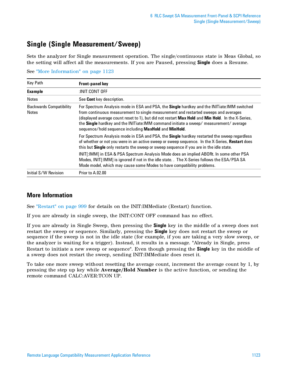 Single (single measurement/sweep), More information | Agilent Technologies Signal Analyzer N9030a User Manual | Page 1123 / 1466