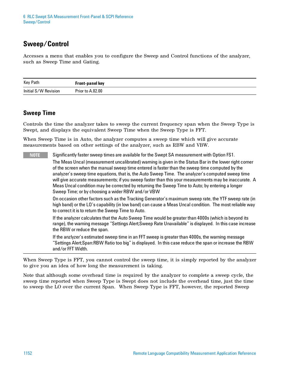 Sweep/control, Sweep time | Agilent Technologies Signal Analyzer N9030a User Manual | Page 1152 / 1466