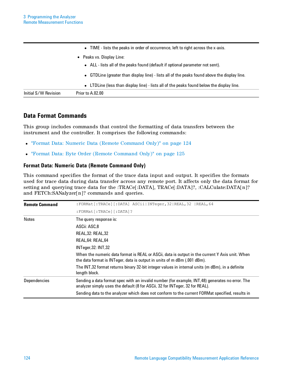 Data format commands, Format data: numeric data (remote, Format data: numeric data | Format data: numeric data (remote command only) | Agilent Technologies Signal Analyzer N9030a User Manual | Page 124 / 1466