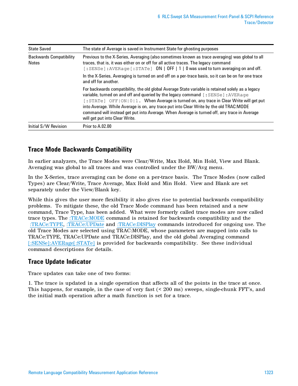 Trace mode backwards compatibility, Trace update indicator | Agilent Technologies Signal Analyzer N9030a User Manual | Page 1323 / 1466