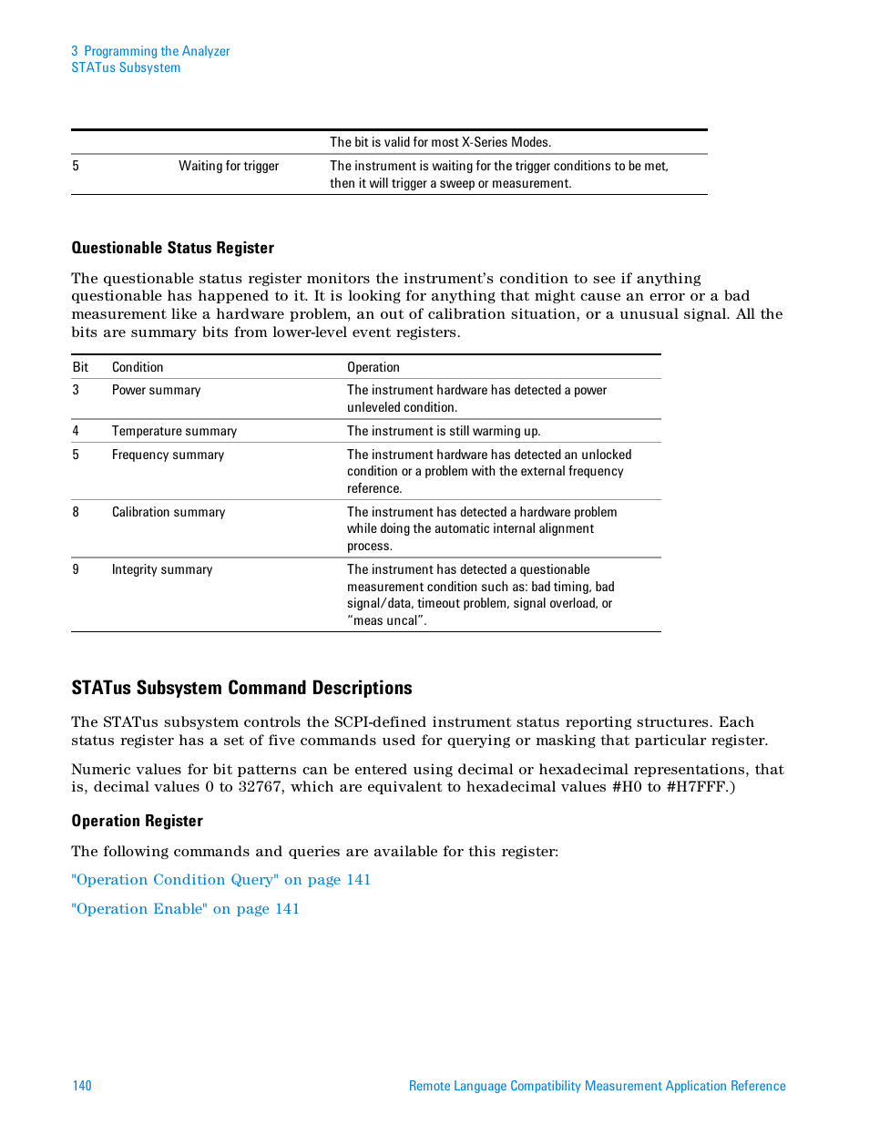 Status subsystem command descriptions | Agilent Technologies Signal Analyzer N9030a User Manual | Page 140 / 1466