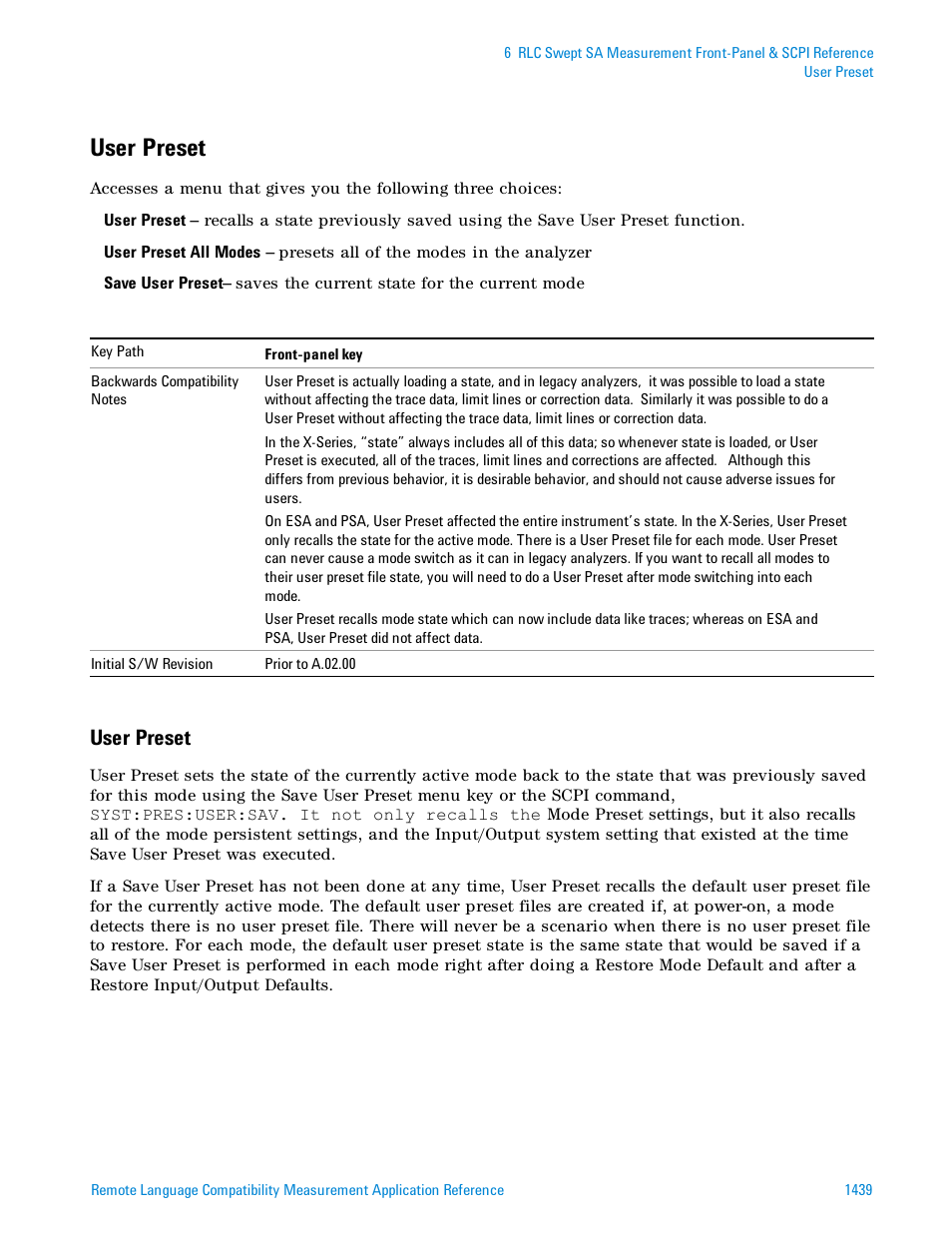 User preset | Agilent Technologies Signal Analyzer N9030a User Manual | Page 1439 / 1466