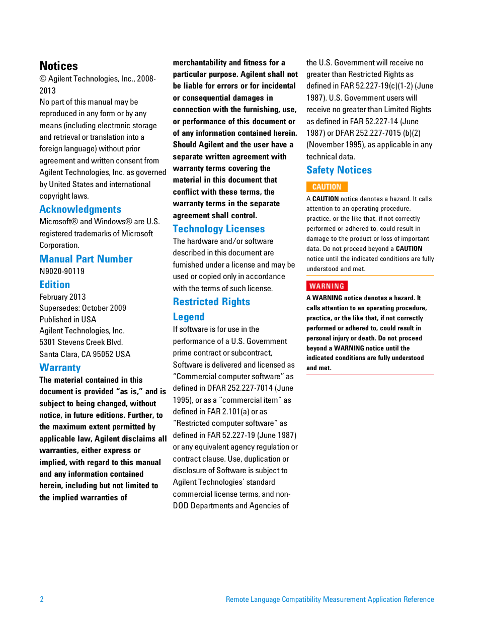 Notices, Acknowledgments, Manual part number | Edition, Warranty, Technology licenses, Restricted rights legend, Safety notices | Agilent Technologies Signal Analyzer N9030a User Manual | Page 2 / 1466