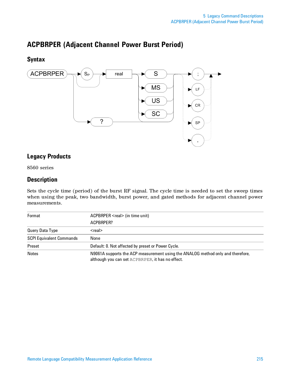 Acpbrper (adjacent channel power burst period), Syntax, Legacy products | Description, Syntax legacy products | Agilent Technologies Signal Analyzer N9030a User Manual | Page 215 / 1466