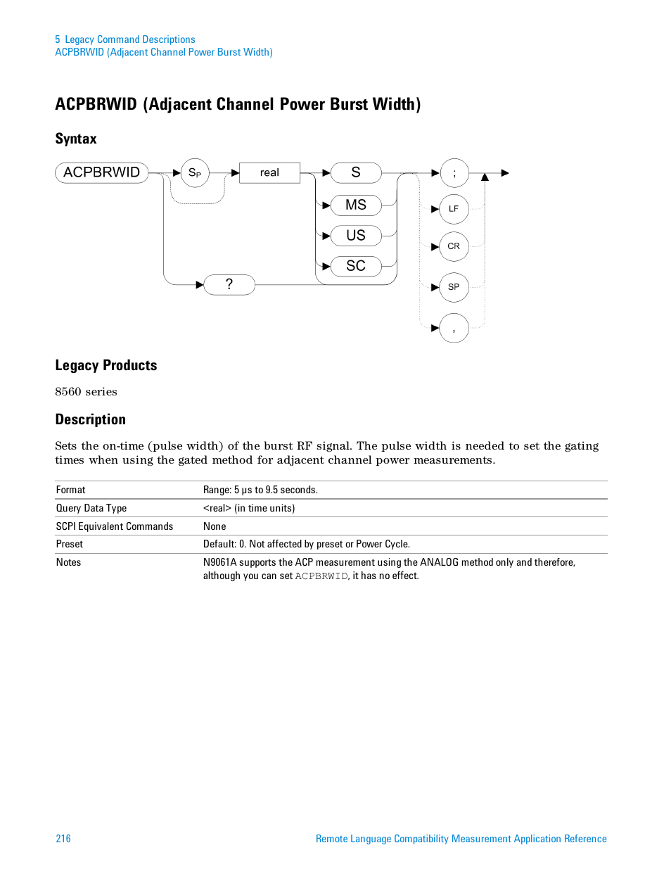 Acpbrwid (adjacent channel power burst width), Syntax, Legacy products | Description, Syntax legacy products | Agilent Technologies Signal Analyzer N9030a User Manual | Page 216 / 1466