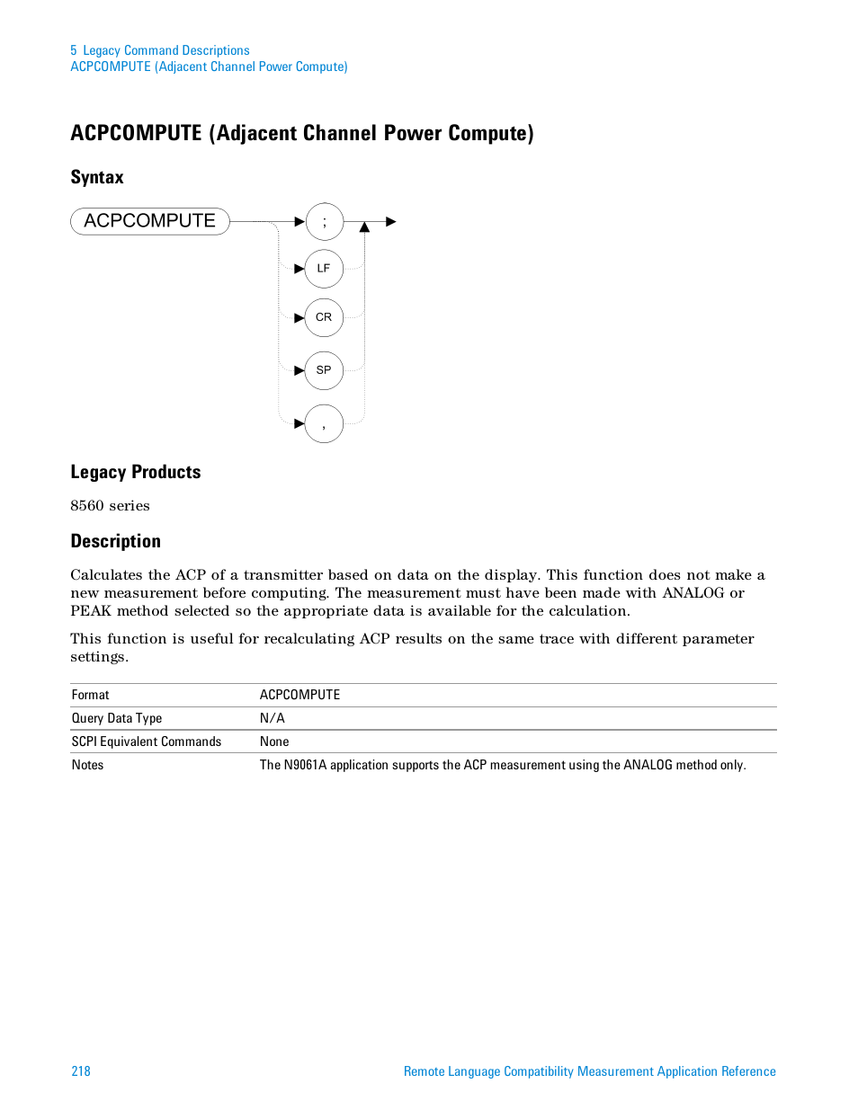 Acpcompute (adjacent channel power compute), Syntax, Legacy products | Description, Syntax legacy products | Agilent Technologies Signal Analyzer N9030a User Manual | Page 218 / 1466