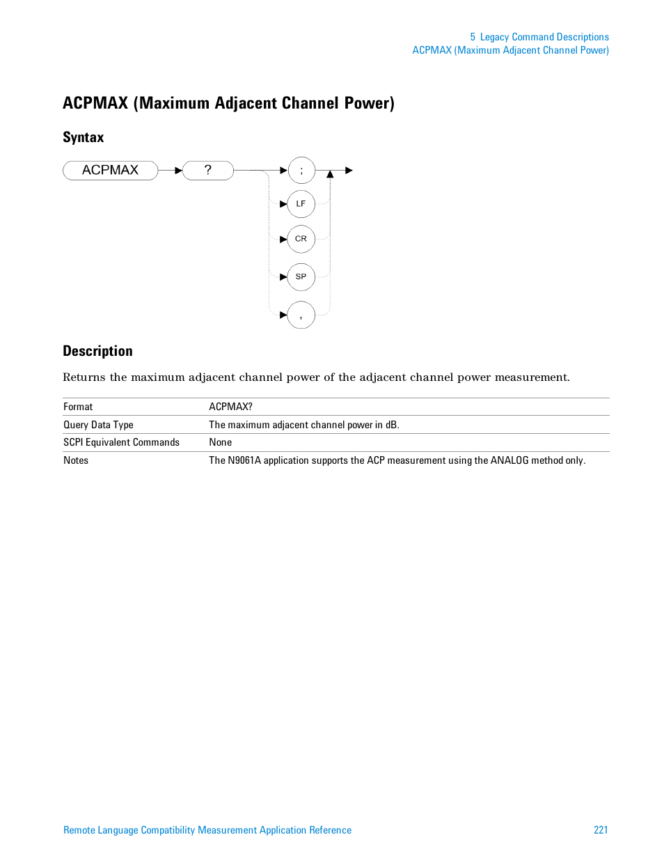 Acpmax (maximum adjacent channel power), Syntax, Description | Syntax description | Agilent Technologies Signal Analyzer N9030a User Manual | Page 221 / 1466