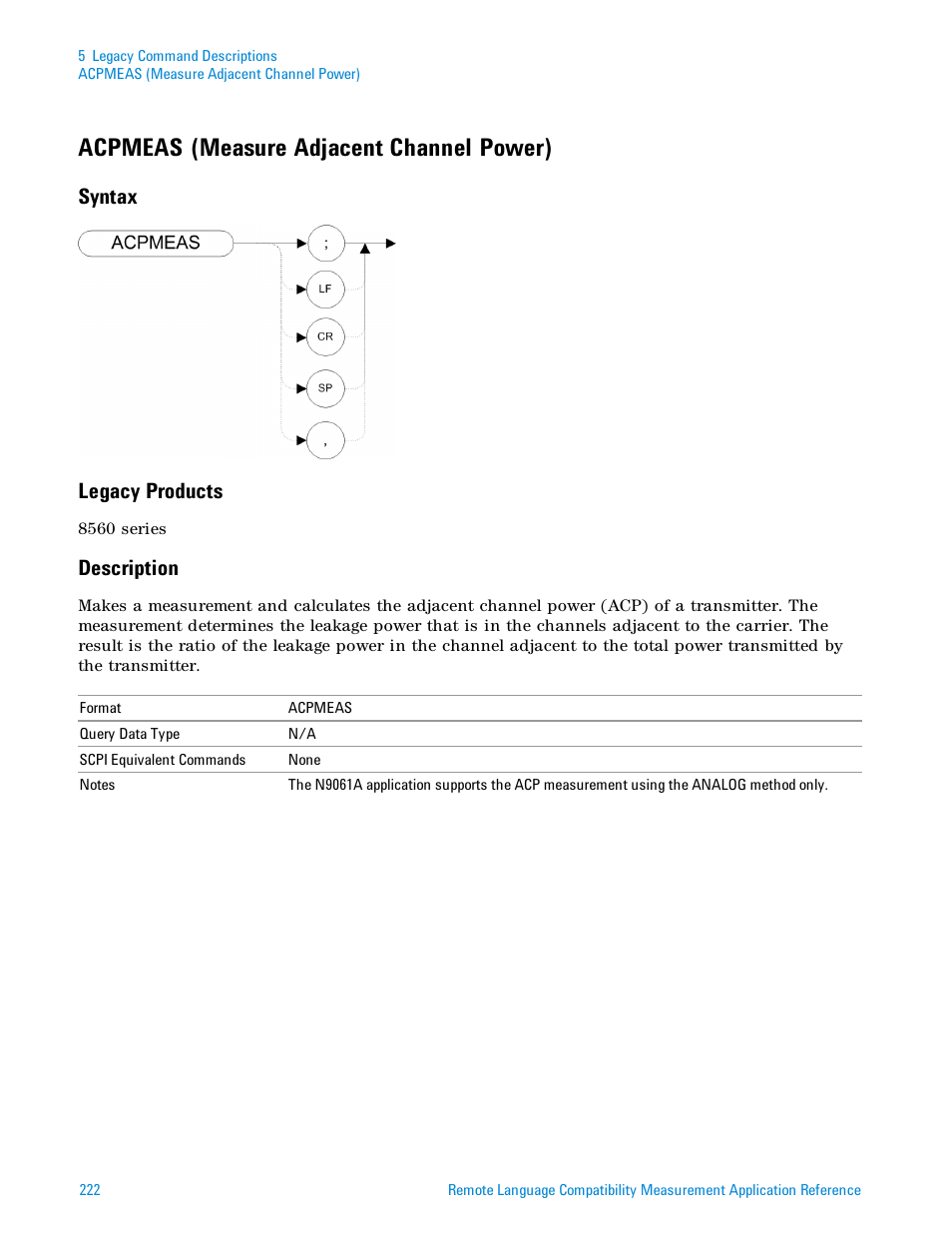 Acpmeas (measure adjacent channel power), Syntax, Legacy products | Description, Acpmeas (measure, Syntax legacy products | Agilent Technologies Signal Analyzer N9030a User Manual | Page 222 / 1466