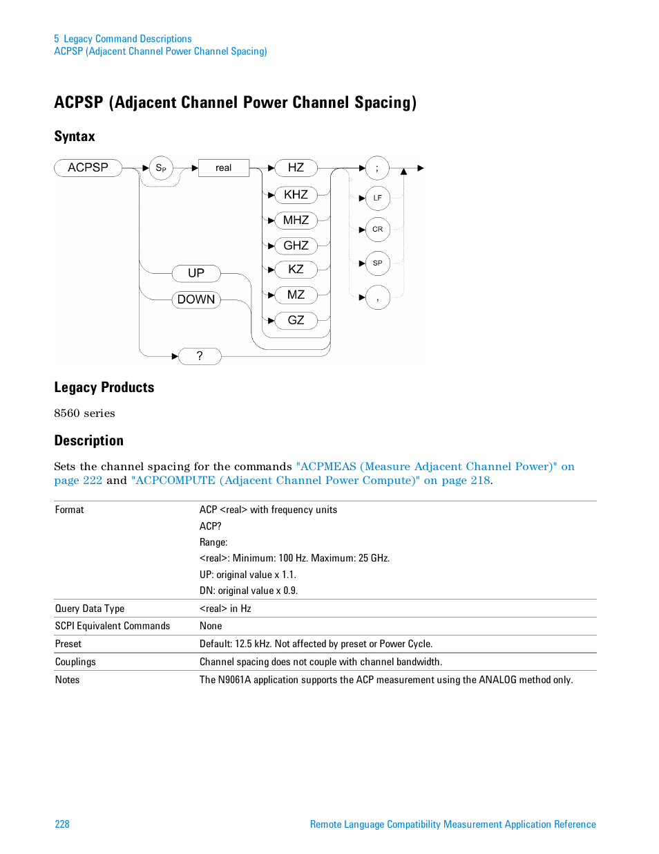 Acpsp (adjacent channel power channel spacing), Syntax, Legacy products | Description, Syntax legacy products | Agilent Technologies Signal Analyzer N9030a User Manual | Page 228 / 1466