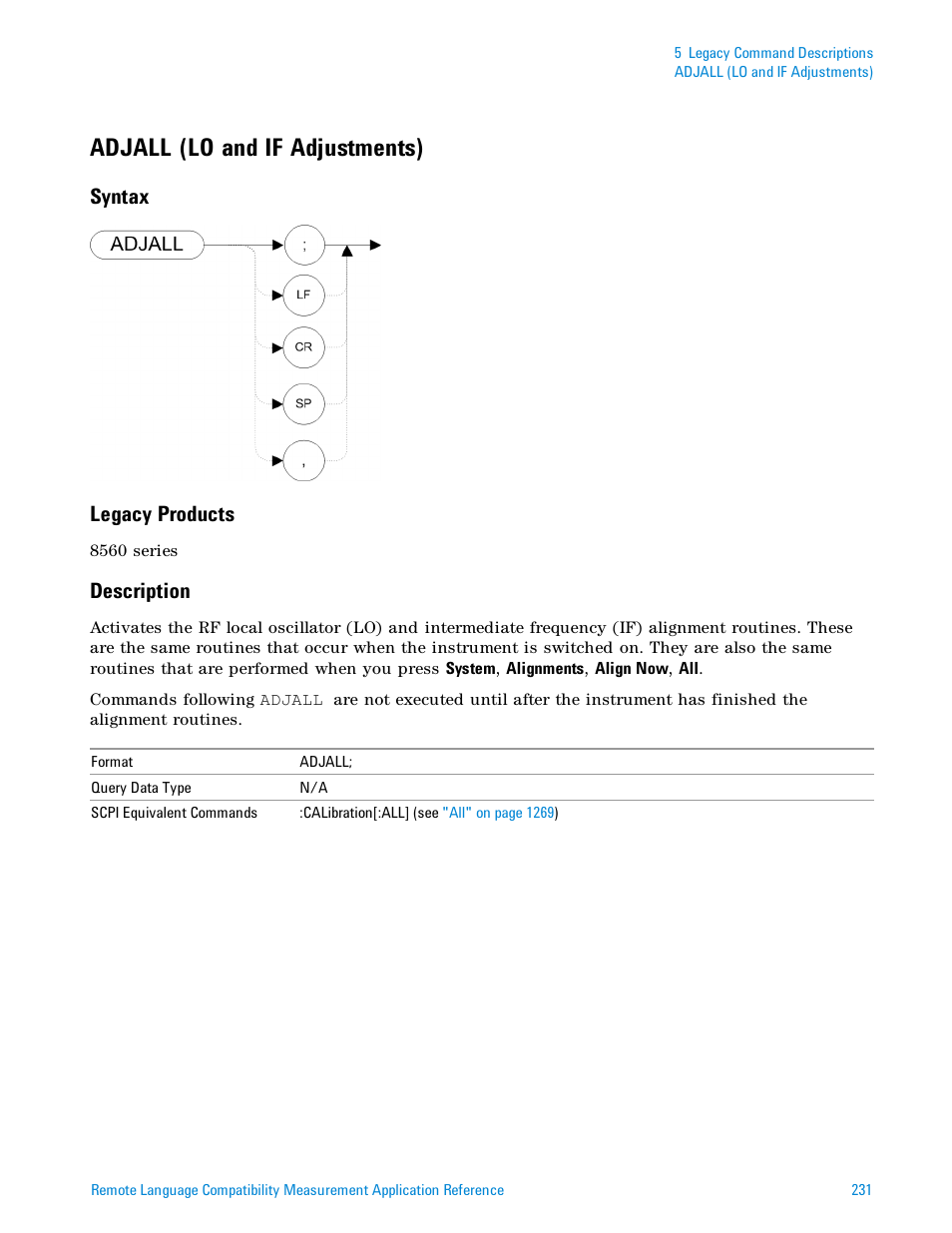 Adjall (lo and if adjustments), Syntax, Legacy products | Description, Syntax legacy products | Agilent Technologies Signal Analyzer N9030a User Manual | Page 231 / 1466