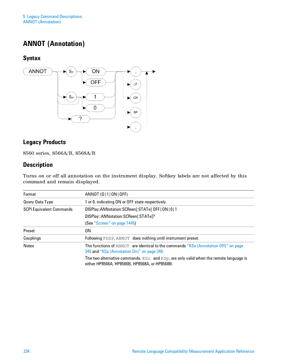Annot (annotation), Syntax, Legacy products | Description, Syntax legacy products | Agilent Technologies Signal Analyzer N9030a User Manual | Page 234 / 1466