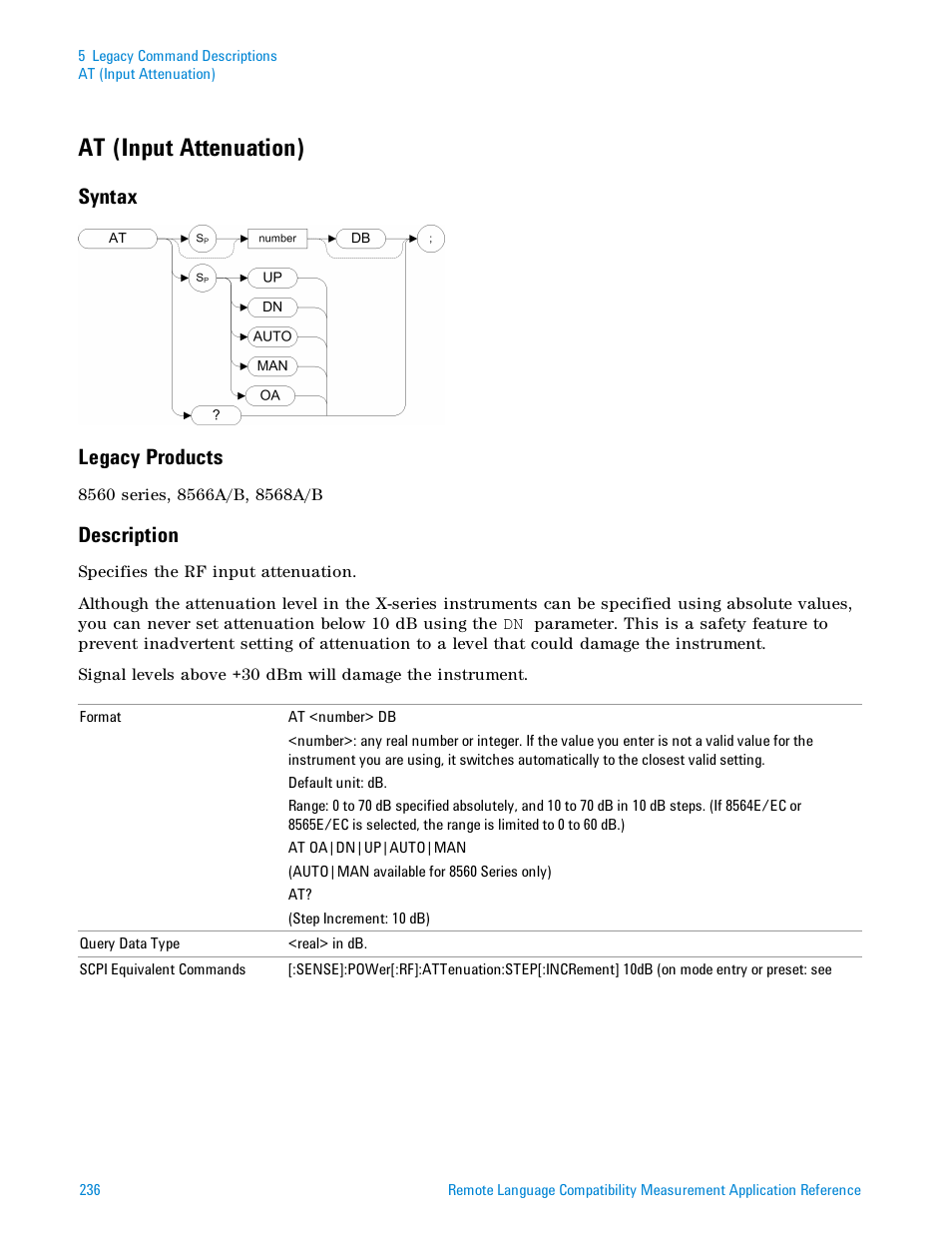 At (input attenuation), Syntax, Legacy products | Description, Syntax legacy products | Agilent Technologies Signal Analyzer N9030a User Manual | Page 236 / 1466