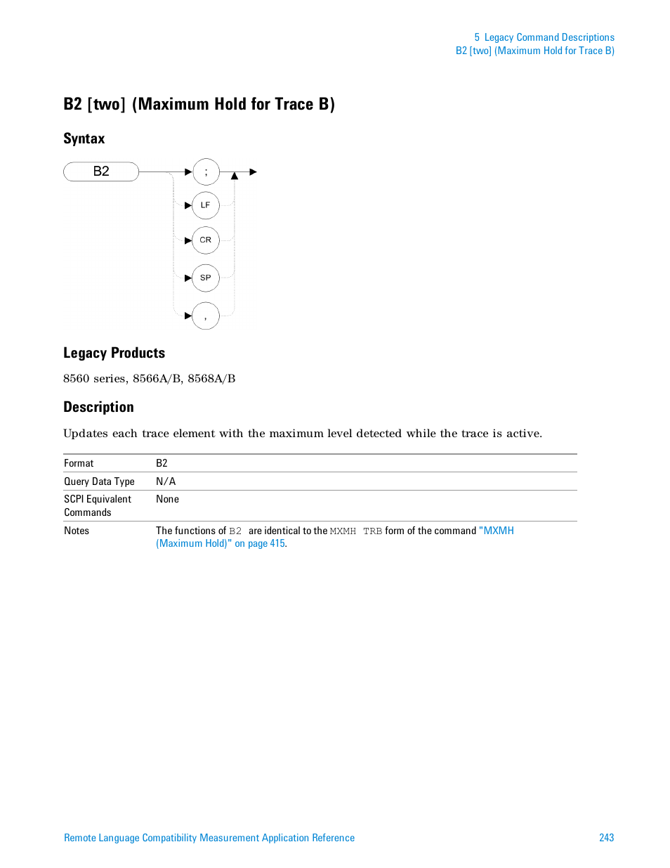 B2 [two] (maximum hold for trace b), Syntax, Legacy products | Description, Syntax legacy products | Agilent Technologies Signal Analyzer N9030a User Manual | Page 243 / 1466