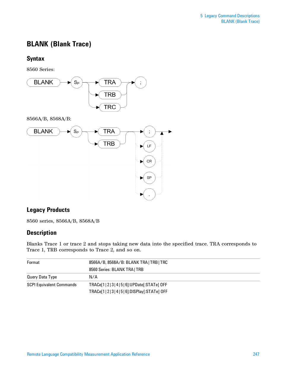 Blank (blank trace), Syntax, Legacy products | Description | Agilent Technologies Signal Analyzer N9030a User Manual | Page 247 / 1466