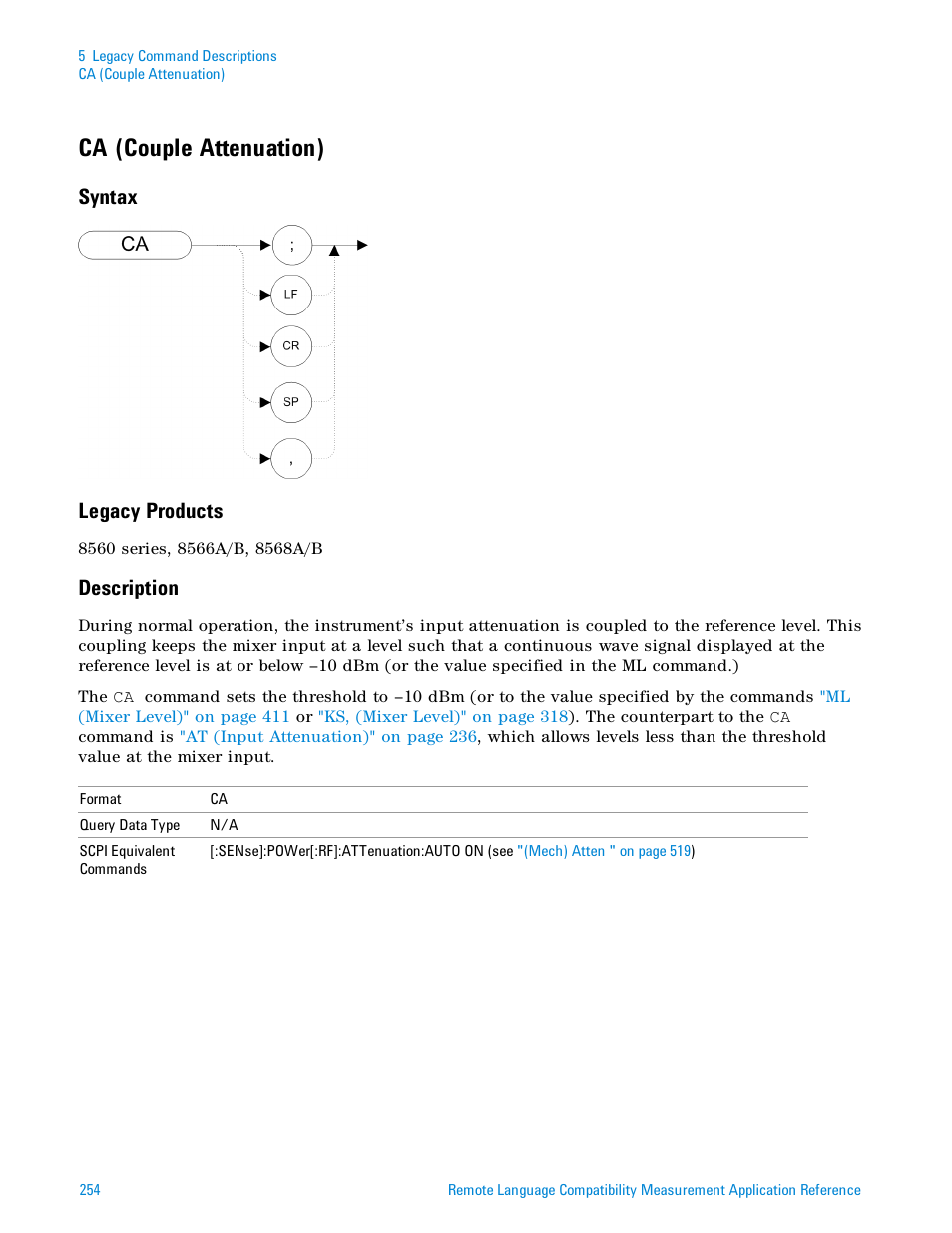 Ca (couple attenuation), Syntax, Legacy products | Description, Syntax legacy products | Agilent Technologies Signal Analyzer N9030a User Manual | Page 254 / 1466