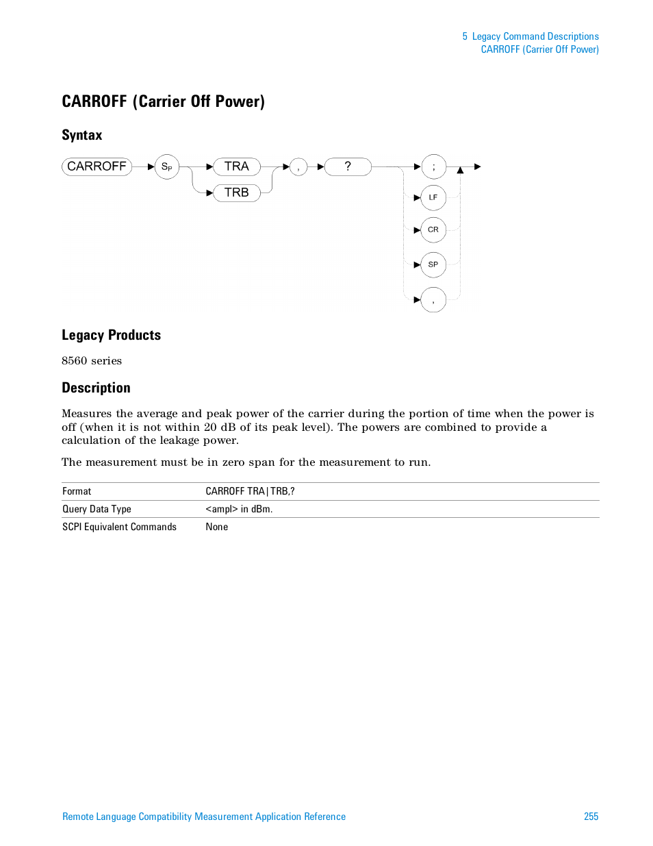 Carroff (carrier off power), Syntax, Legacy products | Description, Syntax legacy products | Agilent Technologies Signal Analyzer N9030a User Manual | Page 255 / 1466