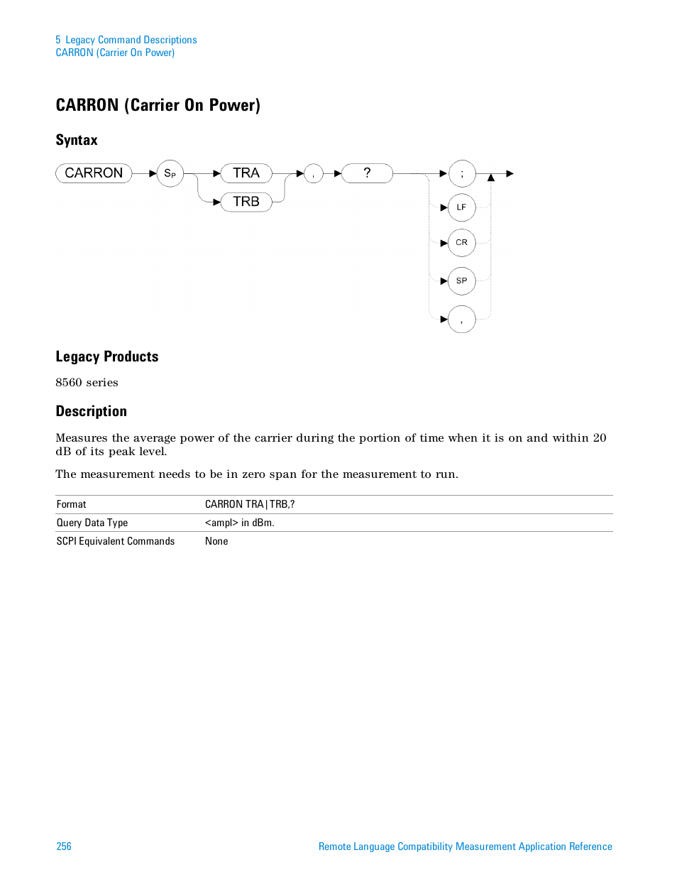 Carron (carrier on power), Syntax, Legacy products | Description, Syntax legacy products | Agilent Technologies Signal Analyzer N9030a User Manual | Page 256 / 1466