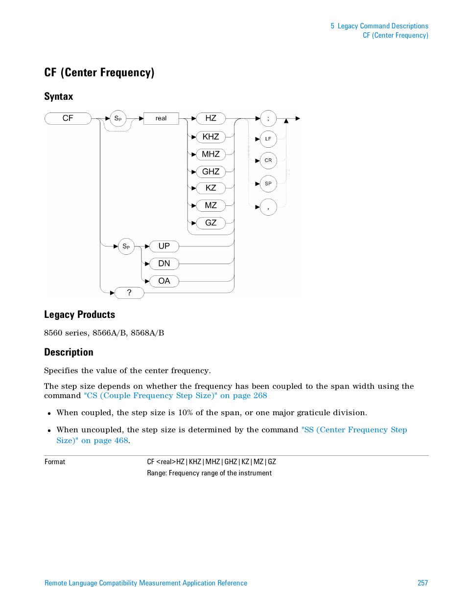 Cf (center frequency), Syntax, Legacy products | Description, Syntax legacy products | Agilent Technologies Signal Analyzer N9030a User Manual | Page 257 / 1466