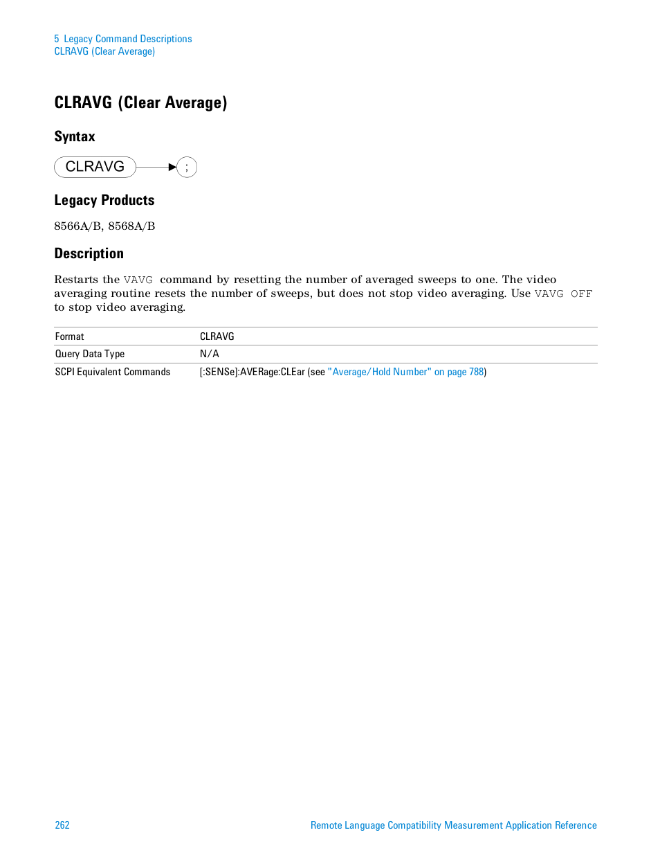 Clravg (clear average), Syntax, Legacy products | Description, Syntax legacy products | Agilent Technologies Signal Analyzer N9030a User Manual | Page 262 / 1466