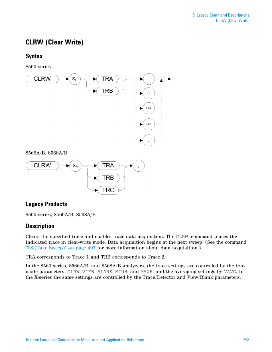 Clrw (clear write), Syntax, Legacy products | Description | Agilent Technologies Signal Analyzer N9030a User Manual | Page 263 / 1466