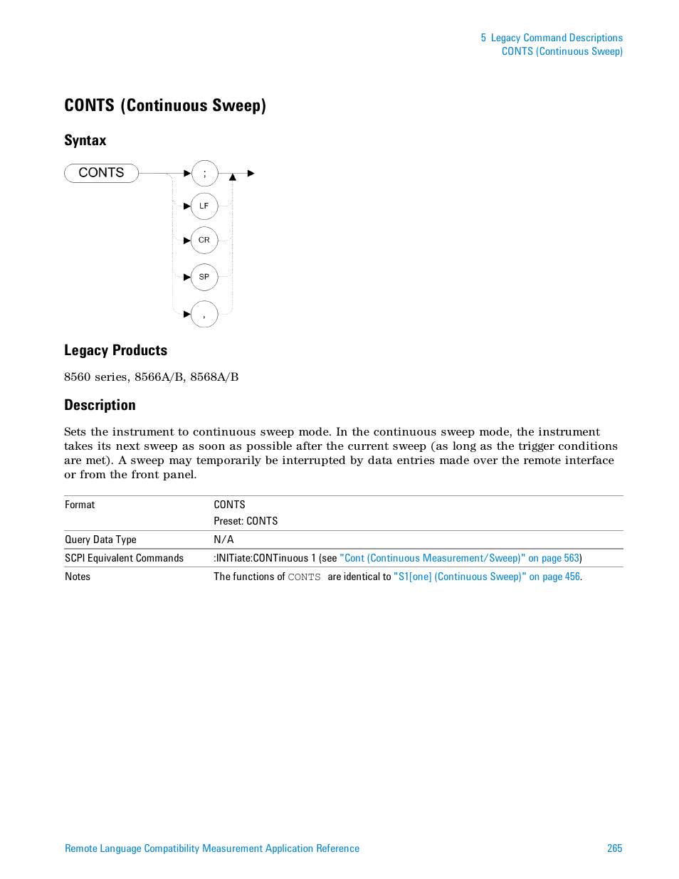 Conts (continuous sweep), Syntax, Legacy products | Description, Syntax legacy products | Agilent Technologies Signal Analyzer N9030a User Manual | Page 265 / 1466