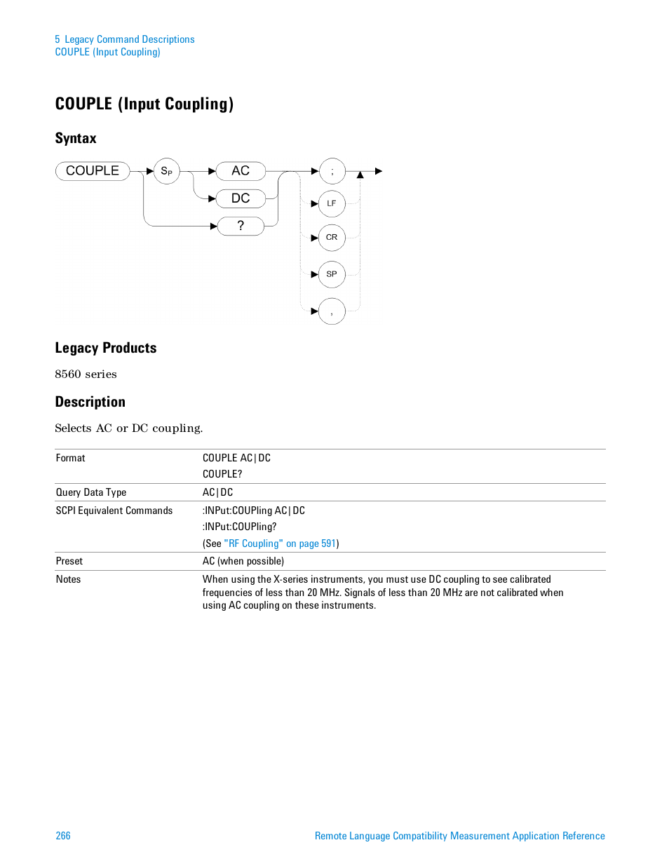 Couple (input coupling), Syntax, Legacy products | Description, Syntax legacy products | Agilent Technologies Signal Analyzer N9030a User Manual | Page 266 / 1466