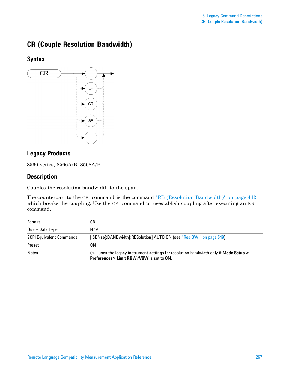 Cr (couple resolution bandwidth), Syntax, Legacy products | Description, Syntax legacy products | Agilent Technologies Signal Analyzer N9030a User Manual | Page 267 / 1466