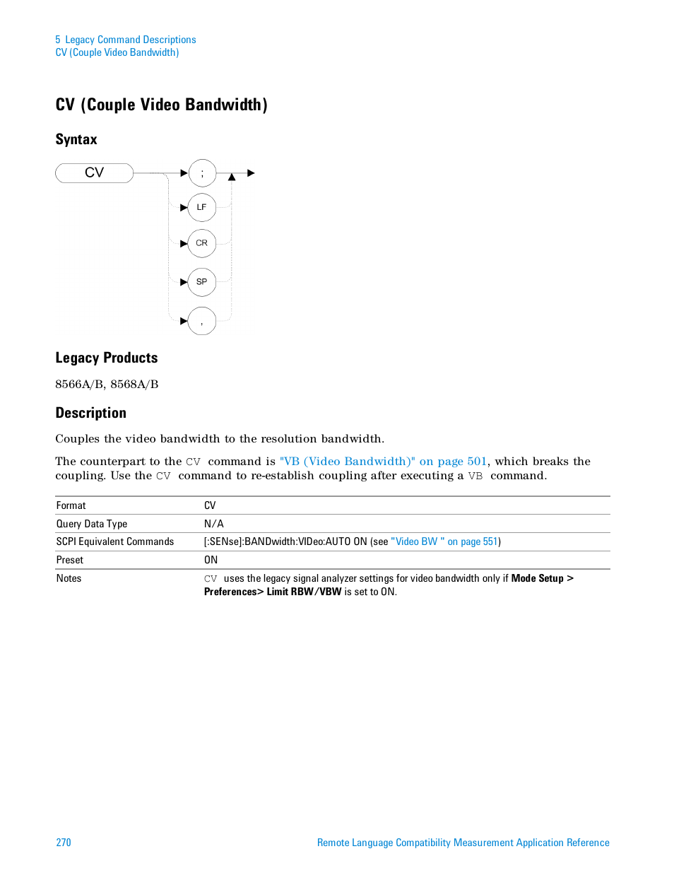 Cv (couple video bandwidth), Syntax, Legacy products | Description, Syntax legacy products | Agilent Technologies Signal Analyzer N9030a User Manual | Page 270 / 1466