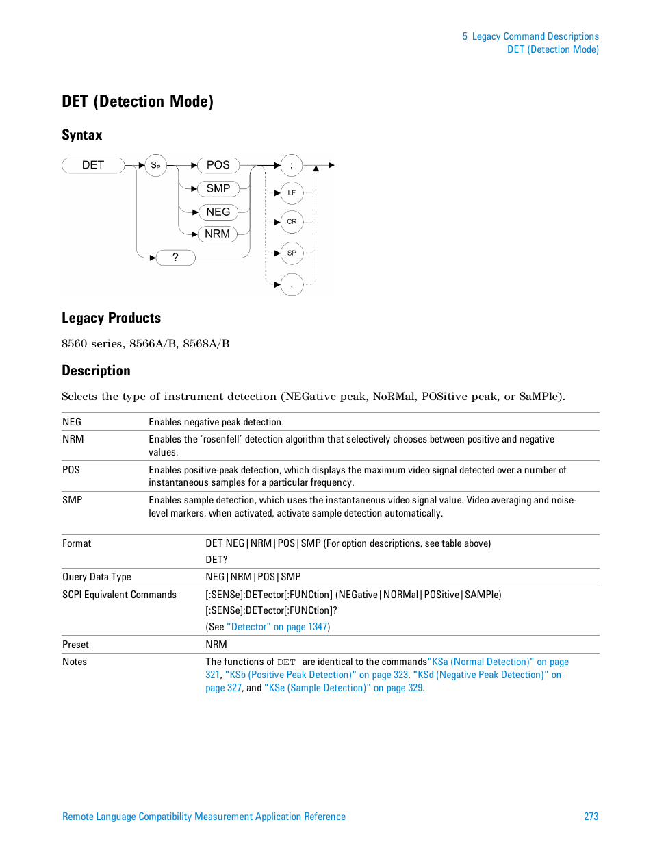 Det (detection mode), Syntax, Legacy products | Description, Syntax legacy products | Agilent Technologies Signal Analyzer N9030a User Manual | Page 273 / 1466