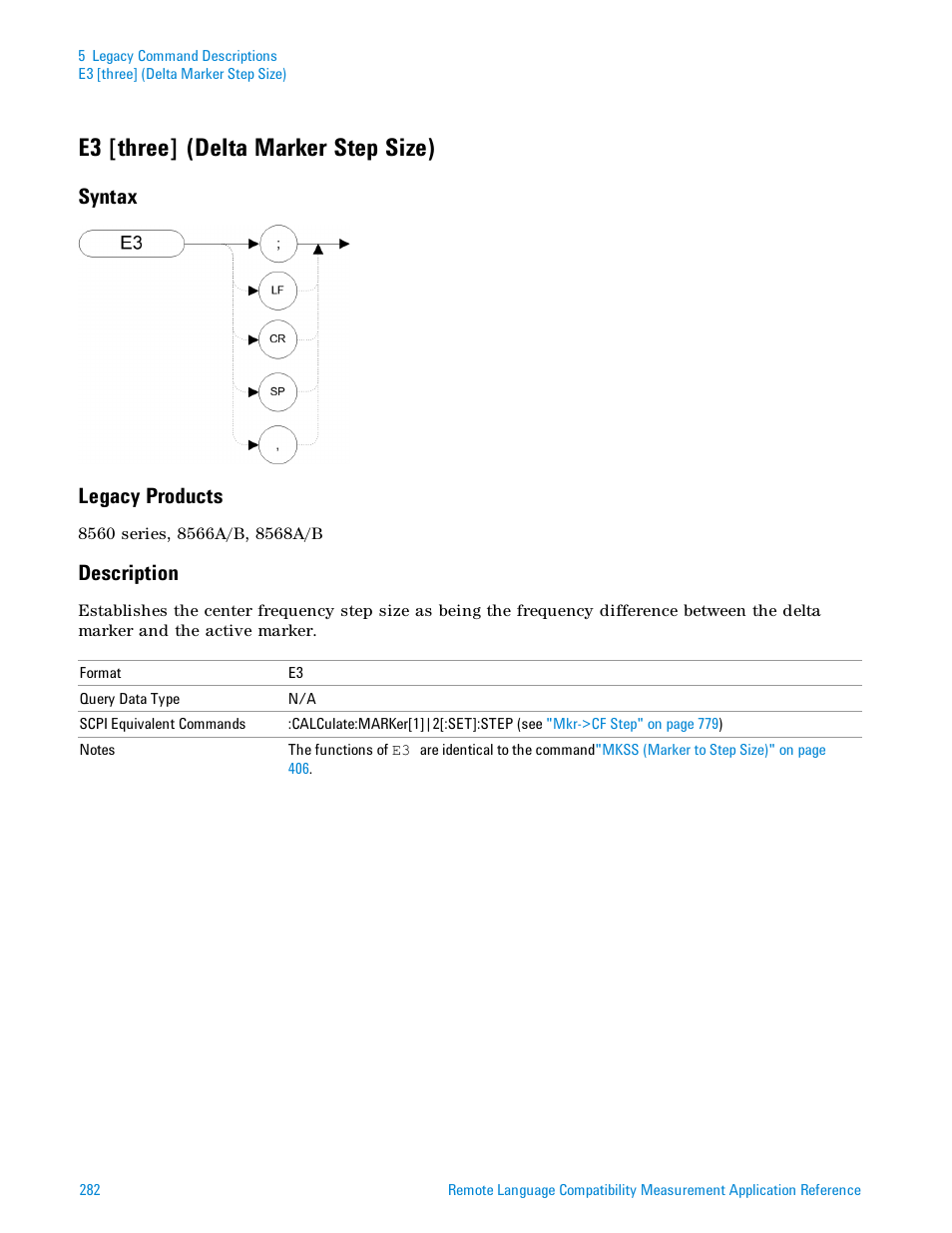 E3 [three] (delta marker step size), Syntax, Legacy products | Description, Syntax legacy products | Agilent Technologies Signal Analyzer N9030a User Manual | Page 282 / 1466