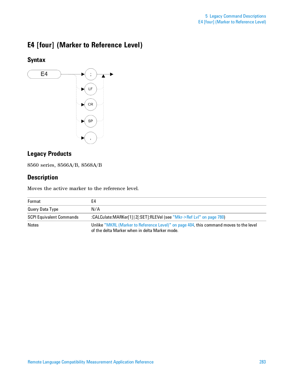 E4 [four] (marker to reference level), Syntax, Legacy products | Description, Syntax legacy products | Agilent Technologies Signal Analyzer N9030a User Manual | Page 283 / 1466