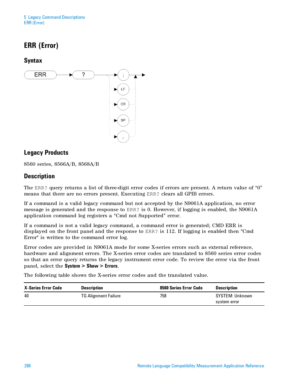 Err (error), Syntax, Legacy products | Description, Syntax legacy products | Agilent Technologies Signal Analyzer N9030a User Manual | Page 286 / 1466