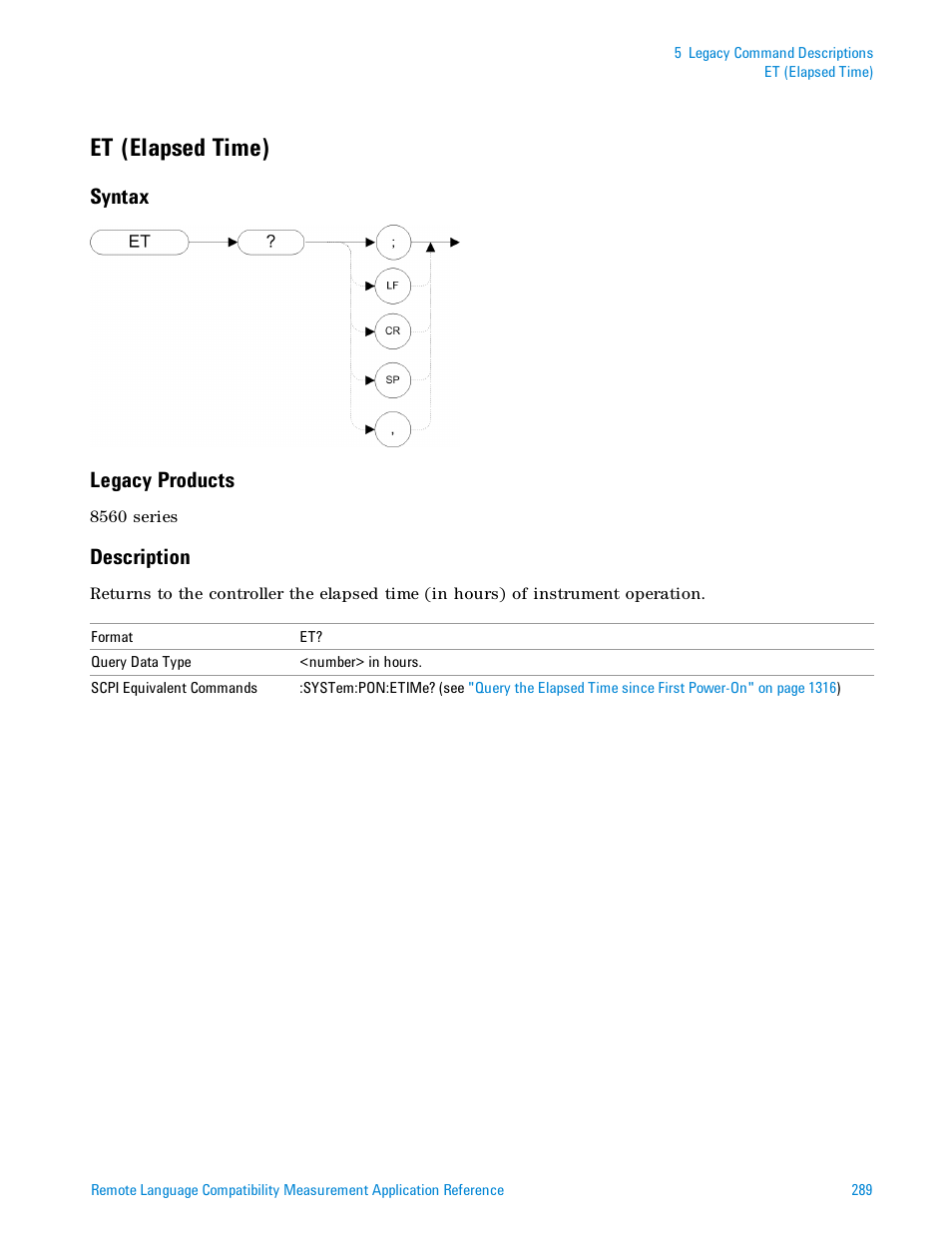 Et (elapsed time), Syntax, Legacy products | Description, Syntax legacy products | Agilent Technologies Signal Analyzer N9030a User Manual | Page 289 / 1466