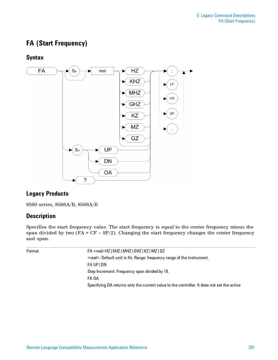 Fa (start frequency), Syntax, Legacy products | Description, Syntax legacy products | Agilent Technologies Signal Analyzer N9030a User Manual | Page 291 / 1466