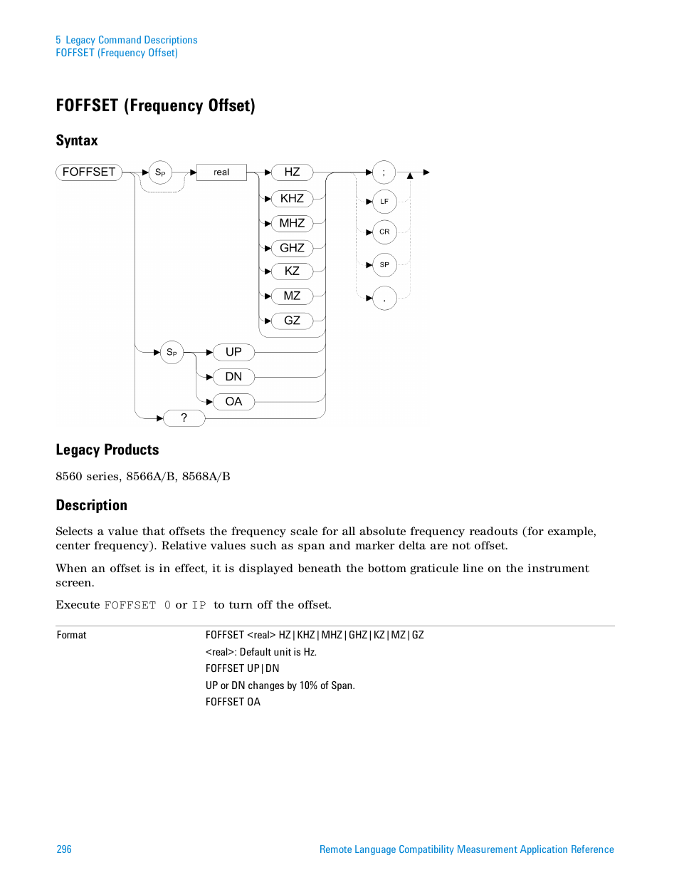 Foffset (frequency offset), Syntax, Legacy products | Description, Syntax legacy products | Agilent Technologies Signal Analyzer N9030a User Manual | Page 296 / 1466