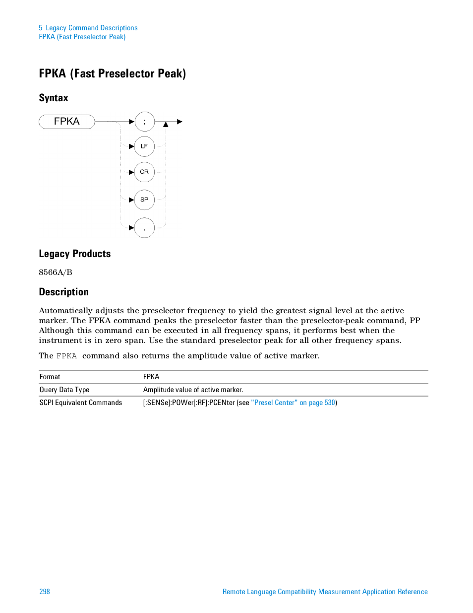 Fpka (fast preselector peak), Syntax, Legacy products | Description, Syntax legacy products | Agilent Technologies Signal Analyzer N9030a User Manual | Page 298 / 1466