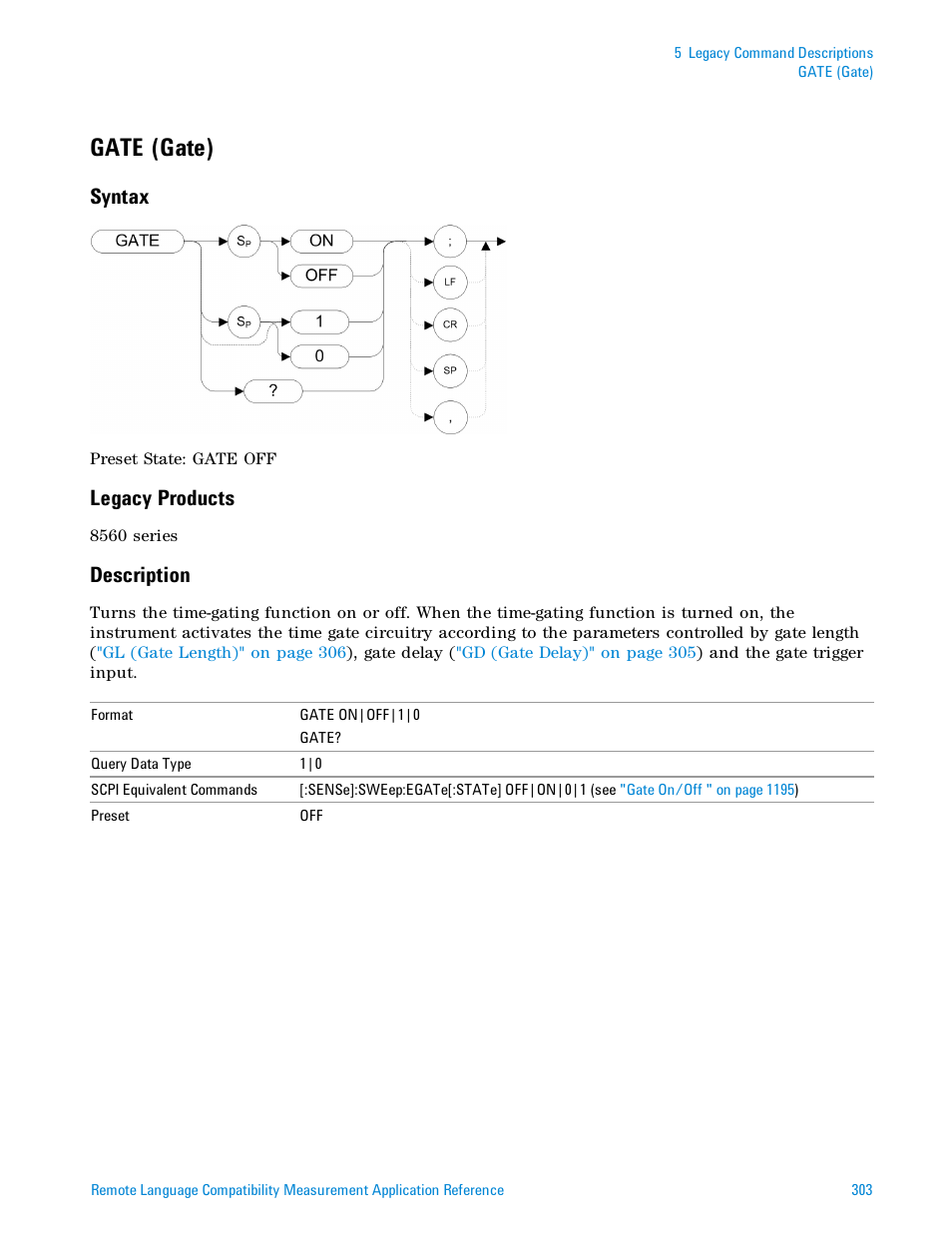 Gate (gate), Syntax, Legacy products | Description | Agilent Technologies Signal Analyzer N9030a User Manual | Page 303 / 1466