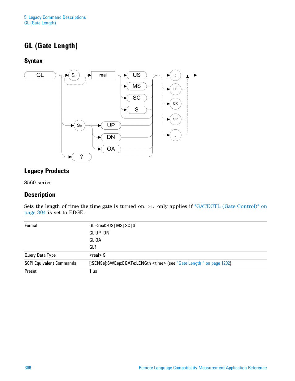 Gl (gate length), Syntax, Legacy products | Description, Syntax legacy products | Agilent Technologies Signal Analyzer N9030a User Manual | Page 306 / 1466