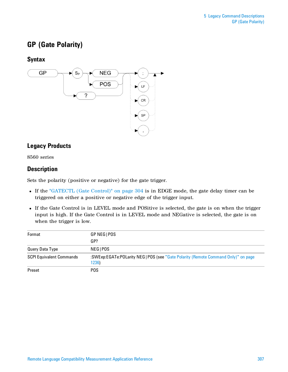 Gp (gate polarity), Syntax, Legacy products | Description, Syntax legacy products | Agilent Technologies Signal Analyzer N9030a User Manual | Page 307 / 1466