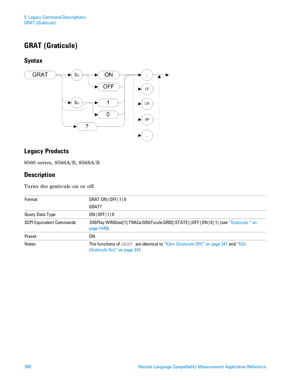 Grat (graticule), Syntax, Legacy products | Description, Syntax legacy products | Agilent Technologies Signal Analyzer N9030a User Manual | Page 308 / 1466