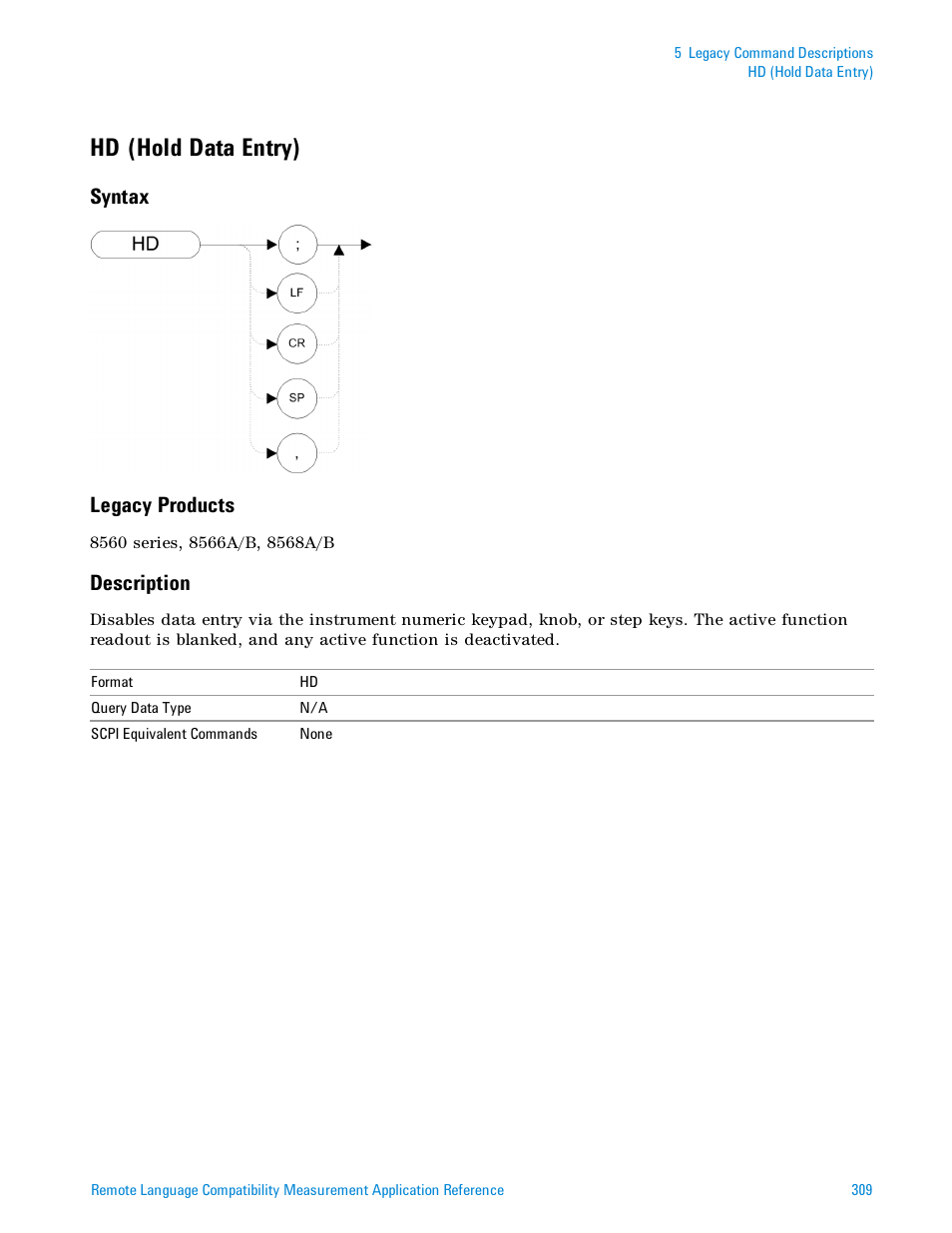 Hd (hold data entry), Syntax, Legacy products | Description, Syntax legacy products | Agilent Technologies Signal Analyzer N9030a User Manual | Page 309 / 1466