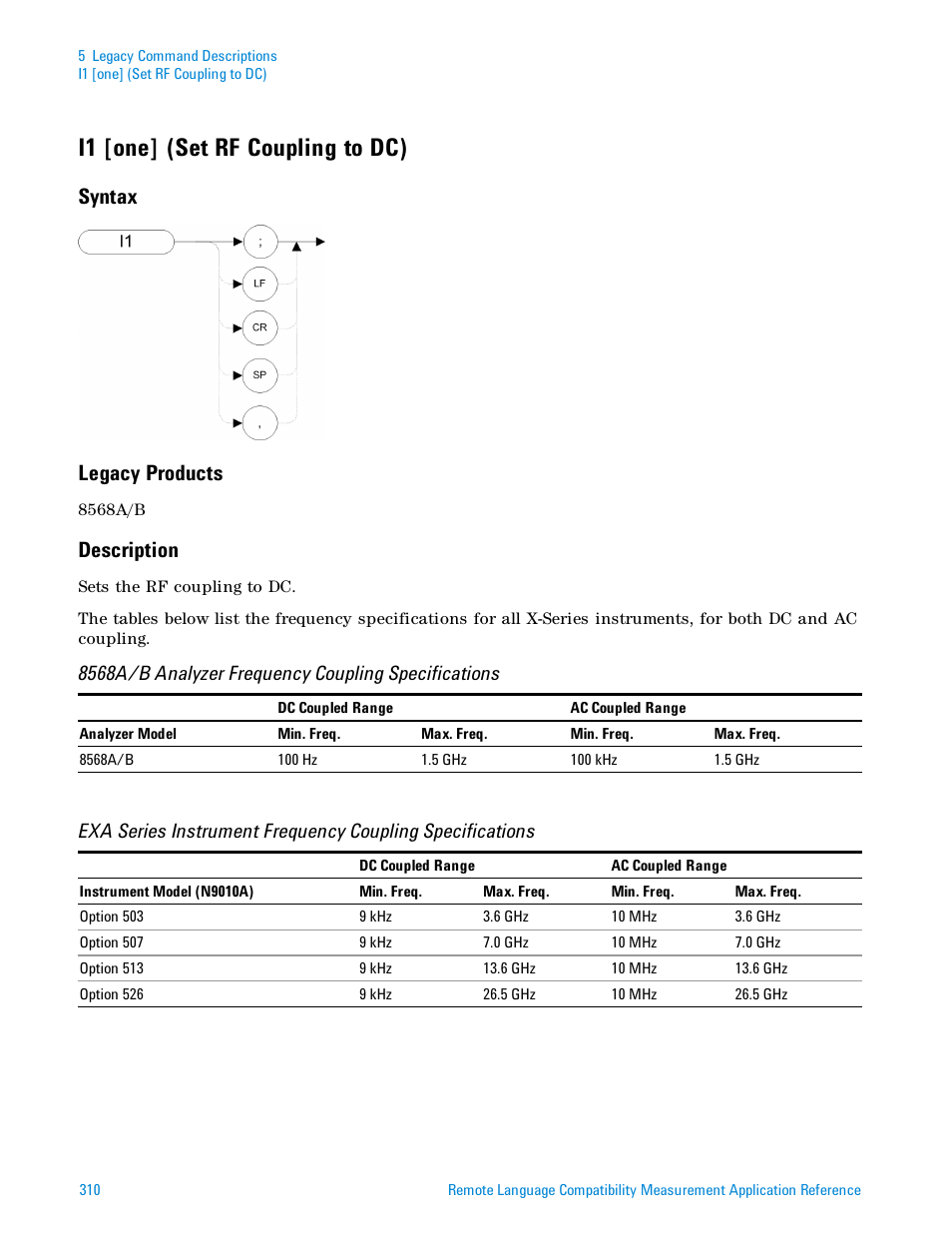 I1 [one] (set rf coupling to dc), Syntax, Legacy products | Description, Syntax legacy products, 8568a/b analyzer frequency coupling specifications | Agilent Technologies Signal Analyzer N9030a User Manual | Page 310 / 1466