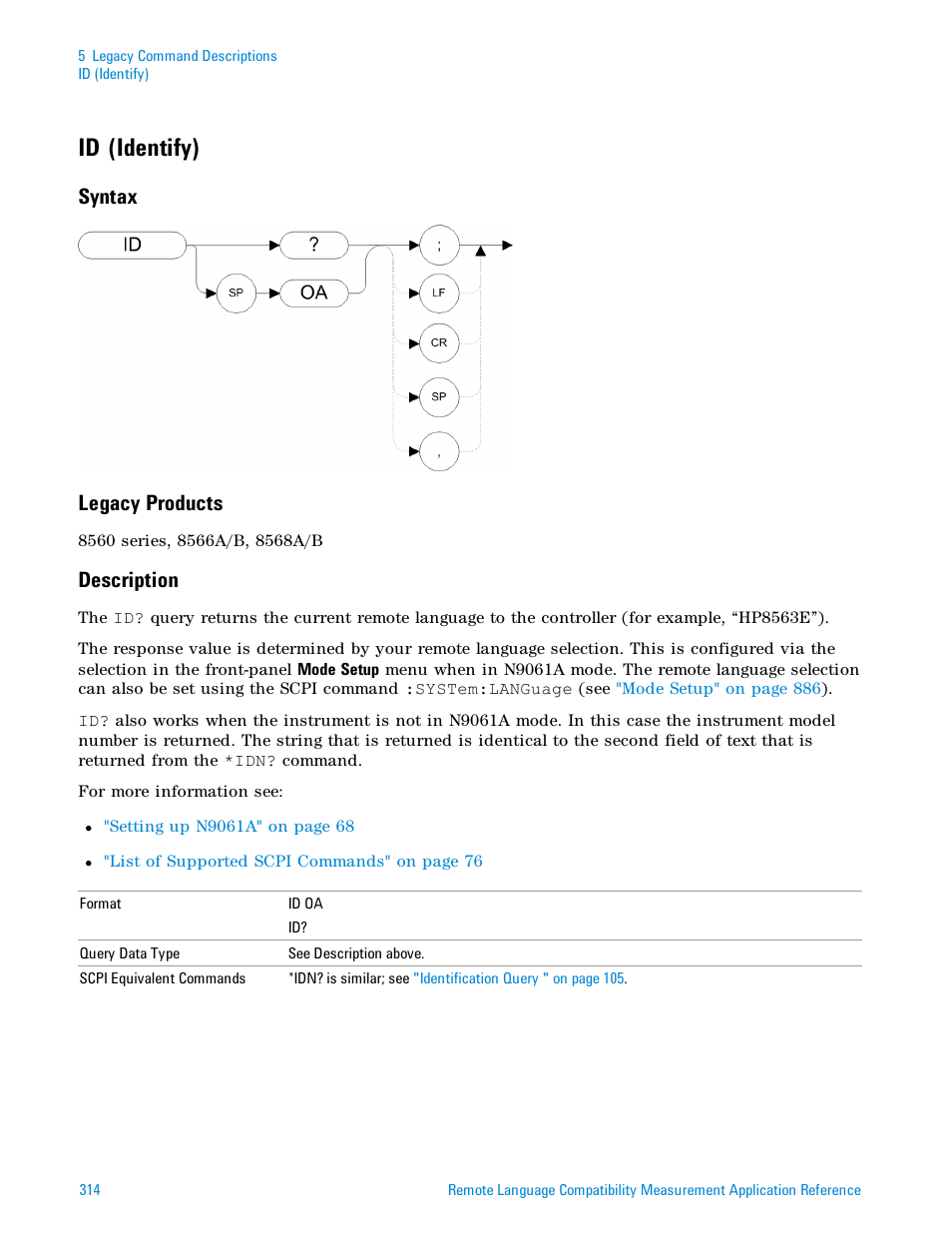 Id (identify), Syntax, Legacy products | Description, Syntax legacy products | Agilent Technologies Signal Analyzer N9030a User Manual | Page 314 / 1466