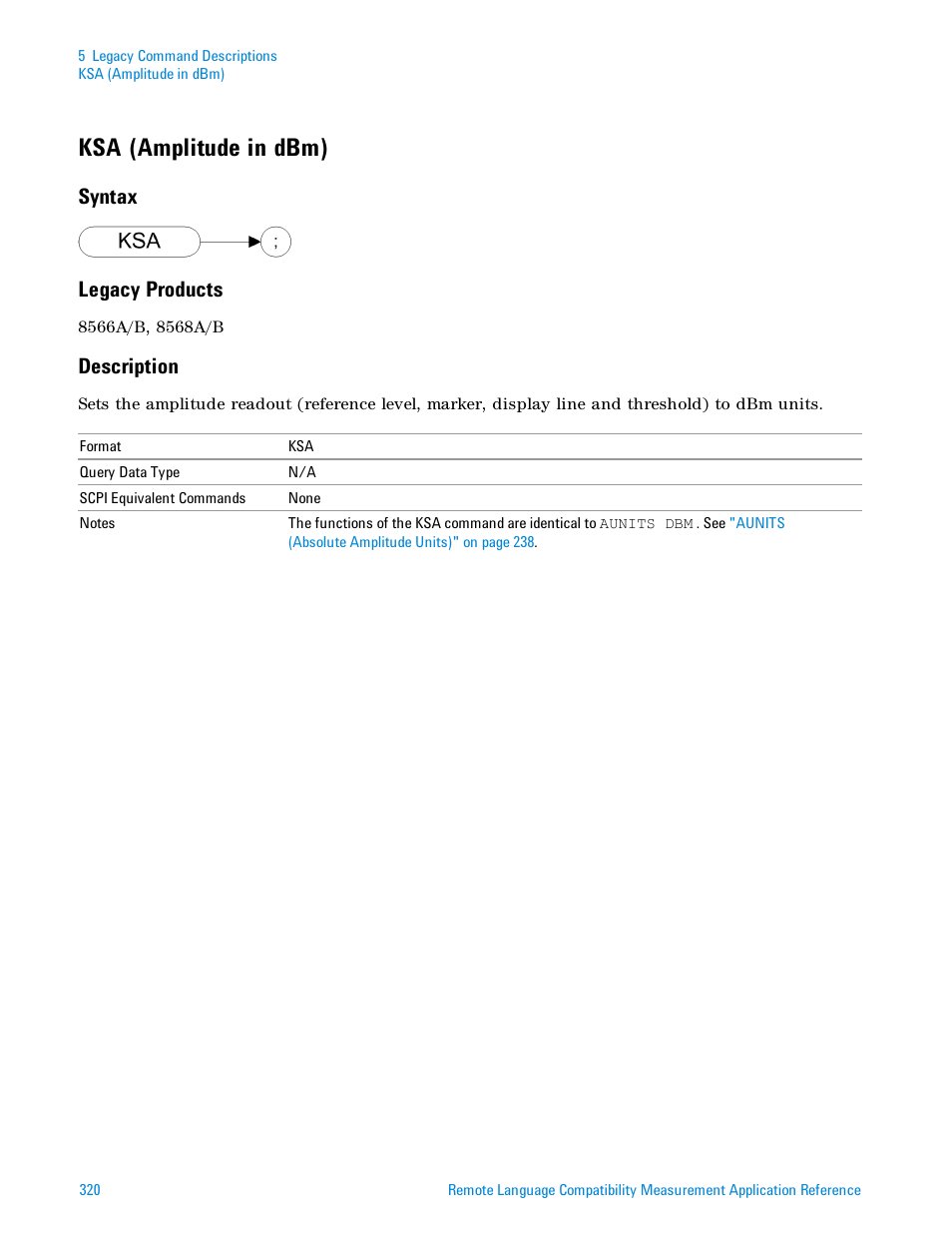 Ksa (amplitude in dbm), Syntax, Legacy products | Description, Ksa (amplitude in dbm)" on, Syntax legacy products | Agilent Technologies Signal Analyzer N9030a User Manual | Page 320 / 1466