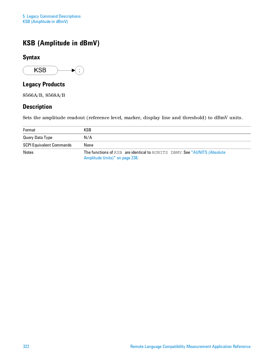 Ksb (amplitude in dbmv), Syntax, Legacy products | Description, Syntax legacy products | Agilent Technologies Signal Analyzer N9030a User Manual | Page 322 / 1466