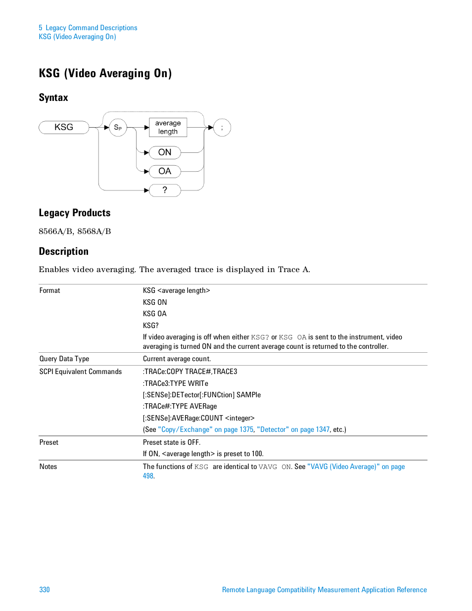 Ksg (video averaging on), Syntax, Legacy products | Description, Syntax legacy products | Agilent Technologies Signal Analyzer N9030a User Manual | Page 330 / 1466