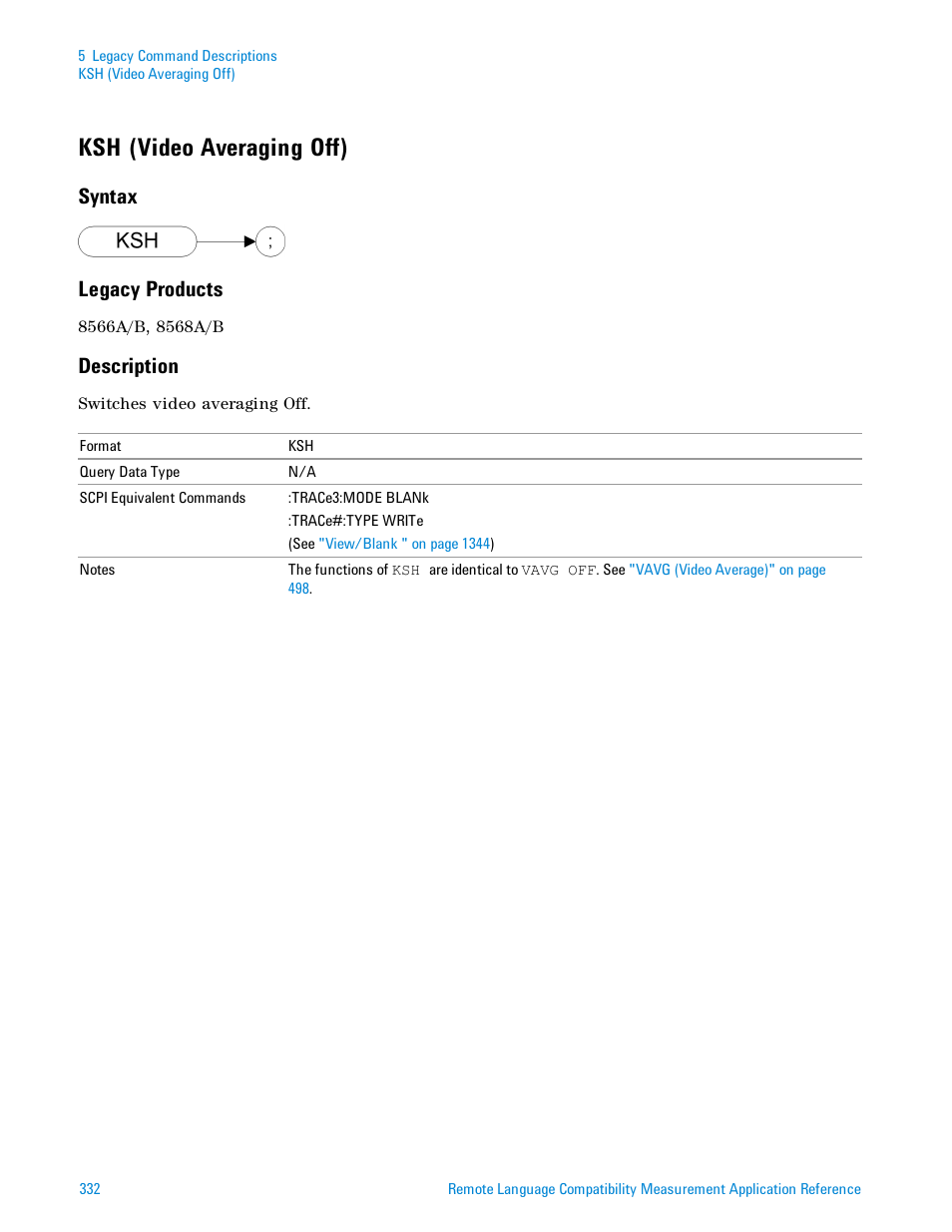 Ksh (video averaging off), Syntax, Legacy products | Description, Syntax legacy products | Agilent Technologies Signal Analyzer N9030a User Manual | Page 332 / 1466